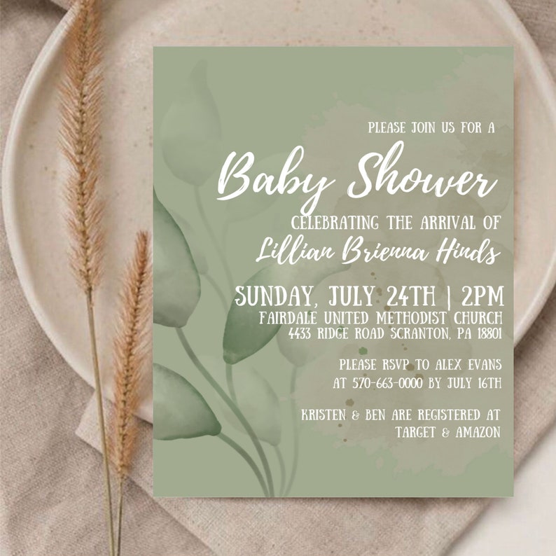 Sage Green Invitation Canva Template Light Green Watercolor Etsy