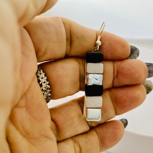 Black White Silver long dangle fused glass Earrings , Glass dangle earrings,One of a kind fused glass earrings,Unique earrings gift,