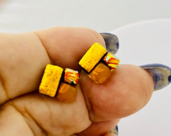 Orange Fused Dichroic Glass Stud Earrings: Handmade Art Glass