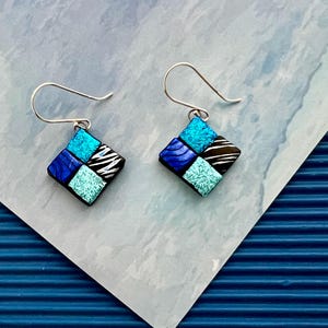 Blue dangling earring,square earring,Diamond shape,glass earring,shiny blue earring,fused glass earring,starling silver hook