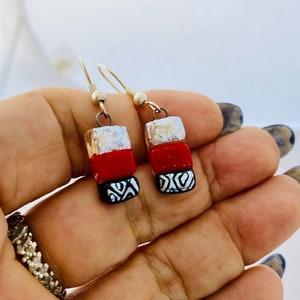 Red Silver Small glass dangle earrings, Fused Glass earrings,one of a kind unique earrings, Gift earrings for you/girls,Dichroic earrings