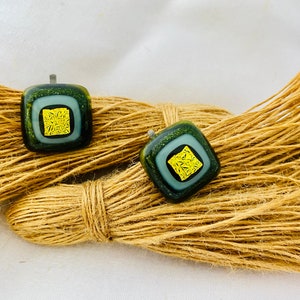 Green with gold clip on fused glass Earrings,square clip on earrings,one of a kind clip on glass  earrings gift for mom/grandma