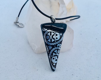 Triangle silver black skulls fused glass pendant,Fused glass pendant suitable for man,One of a kind Unique pendant gift for man