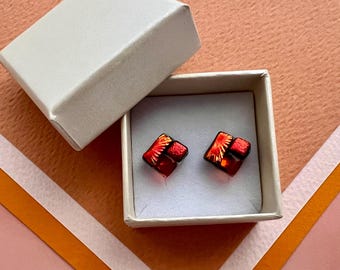 Orange Fused Glass Stud Earrings: Dichroic Art Glass, Handmade