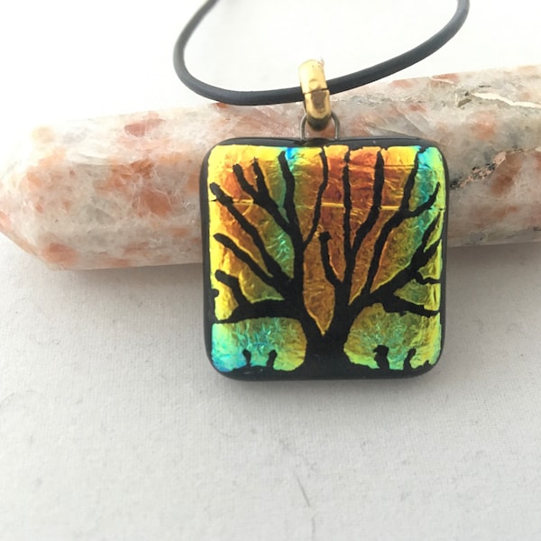 Tree of life square necklace ,Dichroic Glass tree of life pendant,Fused glass pendant,One of a kind Unique necklace gift,Art glass jewelry.