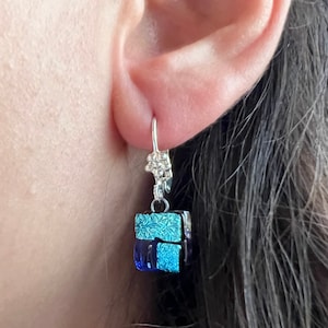 Blue Small dangle glass Earrings,Fused Glass earrings,One of a kind dangle square earrings,Unique earrings gift,