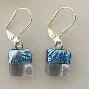 Silver gray small squar dangle glass Earrings,Fused dicheoic glass dangle earrings,One of a kind glass earrings,Unique small earrings