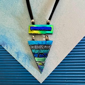 Unique blue beautiful necklace dichroic glass, long pendant glass jewelry designer ,one of a kind fused jewelry.
