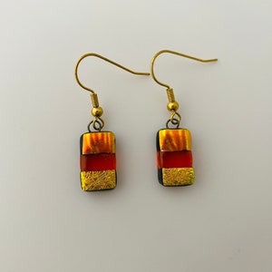 Orange gold Small dangle glass Earrings,Fused dichroic Glass drop earrings,one of a kind unique dangle earrings,earrings Gift for girl /mom