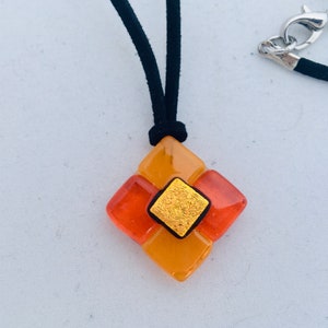 Small orange fused glass necklace,Orange fused glass pendant flat synthetic black leather ,Suitable nacklace for girls/ woman