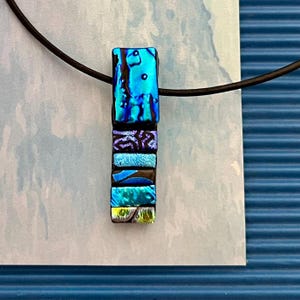 Blue rectangle Pendant dichroic glass,Fused glass blue necklace,One of a kind blue glass necklace,Unique necklace gift  Art glass designer.