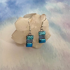 Blue Small dangle glass Earrings,Fused dichroic Glass dangle earrings,one of a kind glass earrings ,Unique earrings Gift for mom/girl