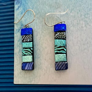 Blue dangle long fused glass Earrings,One of a kind unique gift earrings,Dichroic Glass earrings,impressive earrings,Starling silver hook