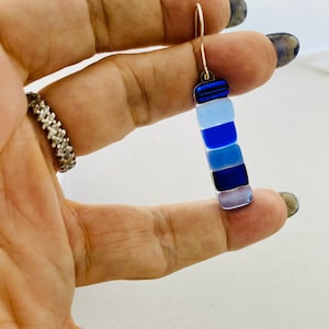 Blue fused glass long dangle Earrings,One of a kind dangle Unique blue earrings. Gift blue earrings for mom,