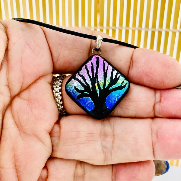 Tree of life diamond dichroic Glass colorful Pendant,Fused glass Tree of life Necklace,One of a kind Unique gift,Art glass jewelry designer