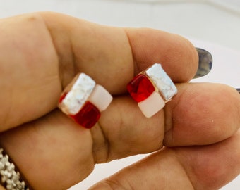 Dichroic Fused Glass Stud Earrings: Red, Silver & White Art Glass