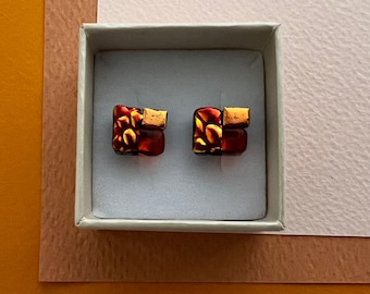 Orange Fused Glass Stud Earrings: Dichroic Art Glass