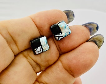 Silver Black glass stud Earrings,Fused dicheoic Glass stud earrings,one of a kind stud glass earrings,Unique earrings Gift for mom