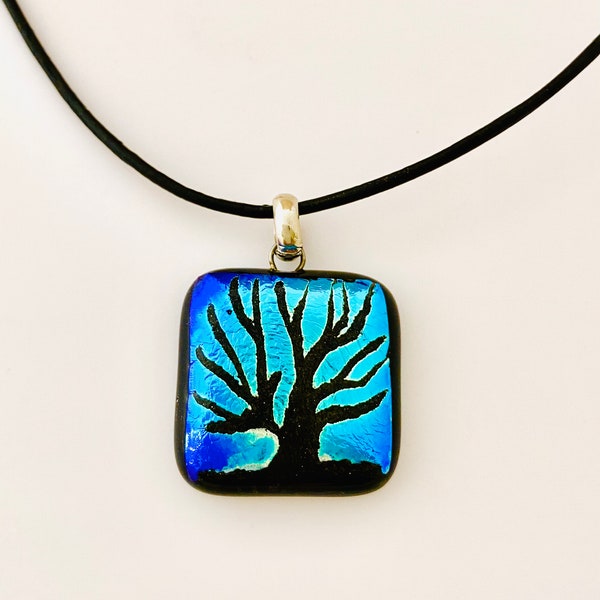 Tree of life square blue Dichroic Glass Pendant-,Tree of life fused glass pendant,One of a kind Unique necklace gift,Art glass jewelry .