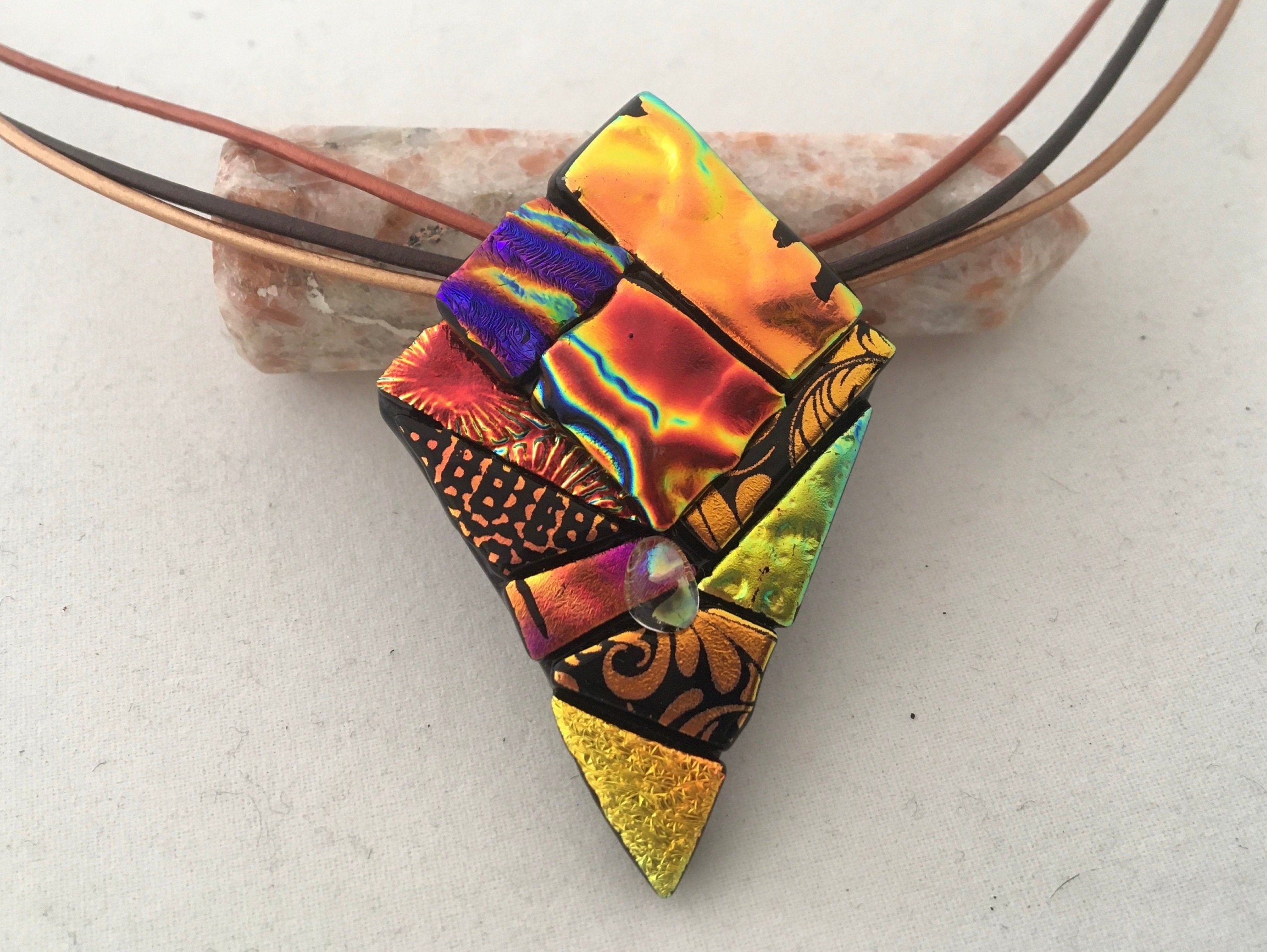 Womens Square Dichroic Glass Pendant Fused Glass Multicolor Gift