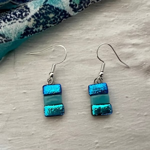 Blue Small dangle glass Earrings,Fused dichroic Glass dangle earrings,one of a kind glass earrings ,Unique earrings Gift for mom/girl