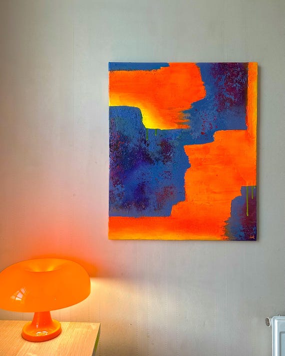 オリジナルネオンオレンジ＆ネイビーブルー抽象アクリル画、50 x 60 cm