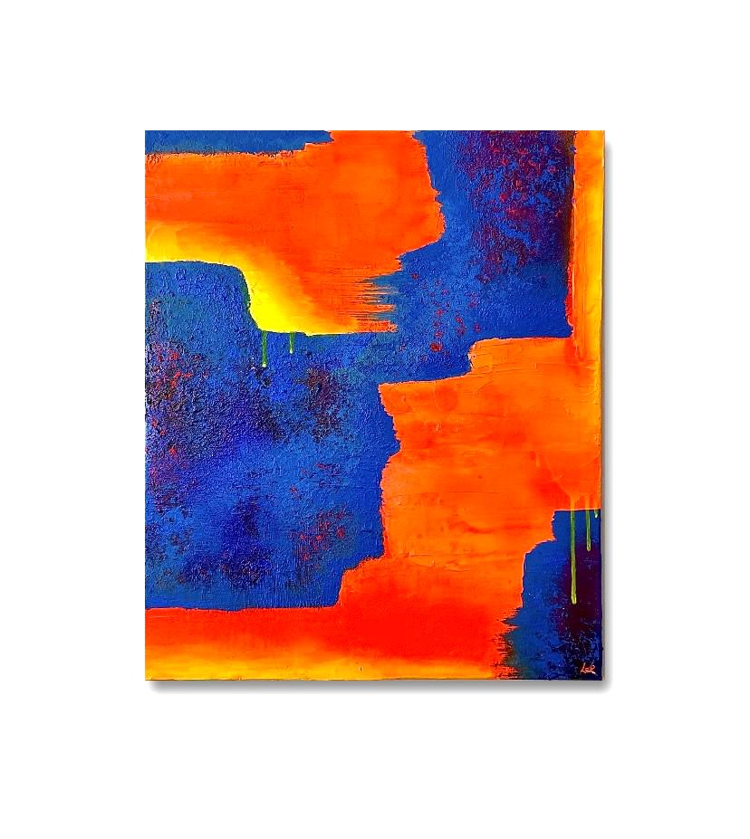 オリジナルネオンオレンジ＆ネイビーブルー抽象アクリル画、50 x 60 cm