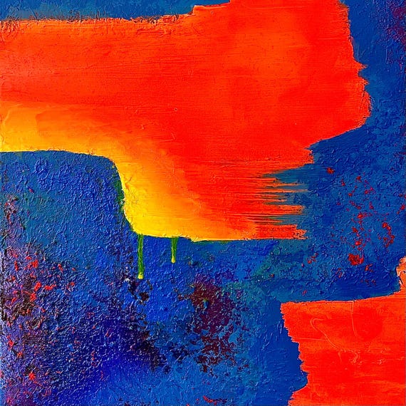 オリジナルネオンオレンジ＆ネイビーブルー抽象アクリル画、50 x 60 cm