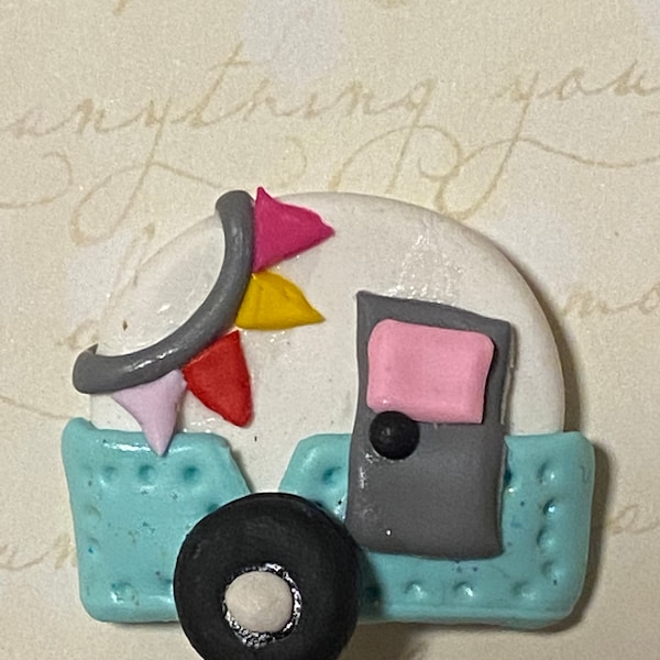 CAMPER/TRAILER - clay, embellishment, blue, white, Hairbow, accessories, handmade, cold porcelain