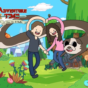 Ilustración de retrato personalizado de dibujos animados de Hora de Aventuras, pareja familiar, regalo de aniversario, regalo de cumpleaños, regalo de San Valentín, regalo de Navidad