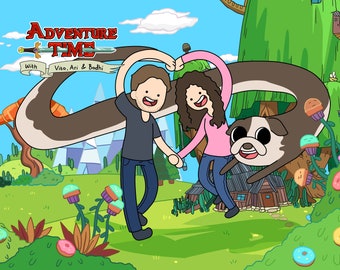 Adventure Time Cartoon Custom Portrait Illustration , Couple Family , Anniversary gift, Birthday gift , Valentine gift, Christmas Gift