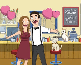 SALE! Bob&#39;s Burger Custom Cartoon Portrait, Couple , Fun Family Portrait Illustration, Anniversary , Birthday, Valentine Gift