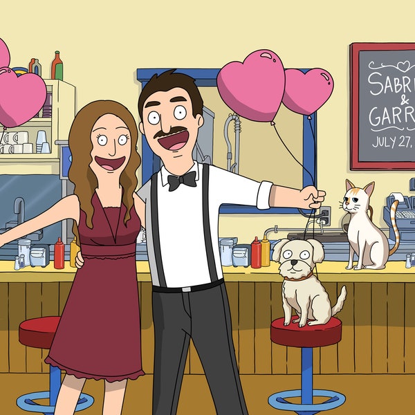 AUSVERKAUF! Bob's Burger Benutzerdefinierte Cartoon Portrait, Paar, Spaß Familienporträt Illustration, Jahrestag, Geburtstag, Valentinstag Geschenk