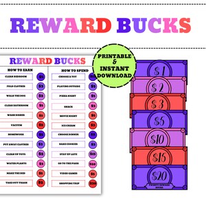 Editable Kids Reward Chart With Reward Bucks, Reward Bucks for Kids, Printable Kids Reward Chart, Reward System, Kids Chore Chart