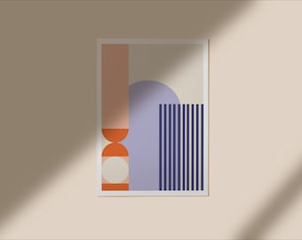 Puede incluir: Impresión de arte geométrico abstracto con un esquema de color melocotón, naranja, blanco, azul y azul marino. La impresión presenta un rectángulo melocotón, un círculo blanco y un semicírculo azul con rayas verticales azul marino.