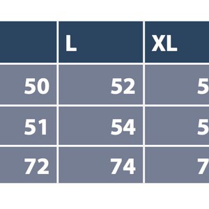 May include: Size chart showing EU sizes, width, and length measurements in centimeters. The chart includes sizes XS through 5XL.