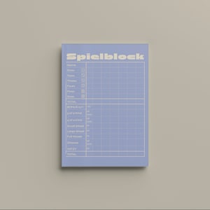 May include: A blue scorecard with a white grid and the word "Spielblock" printed in white at the top. The scorecard is for a game that involves rolling dice and scoring points based on the number of ones, twos, threes, fours, fives, and sixes rolled. There are also bonus points for certain combinations of dice, such as a straight, a full house, and a Yahtzee.