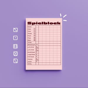 May include: A pink Spielblock score sheet for a dice game, with a grid for scoring and the word "Spielblock" at the top. The sheet is on a purple background, with dice icons on the left.