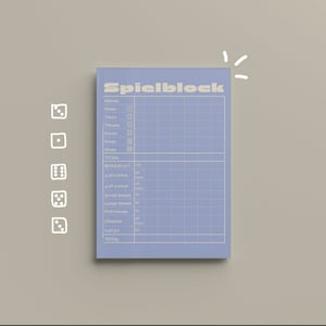 May include: A blue and white scorecard for a dice game called "Spielblock". The scorecard has a grid with spaces for different dice combinations, such as "Ones", "Twos", "Threes", "Fours", "Fives", "Sixes", "3 of a Kind", "4 of a Kind", "Small Straight", "Large Straight", "Full House", "Chance", and "Yahtzee".
