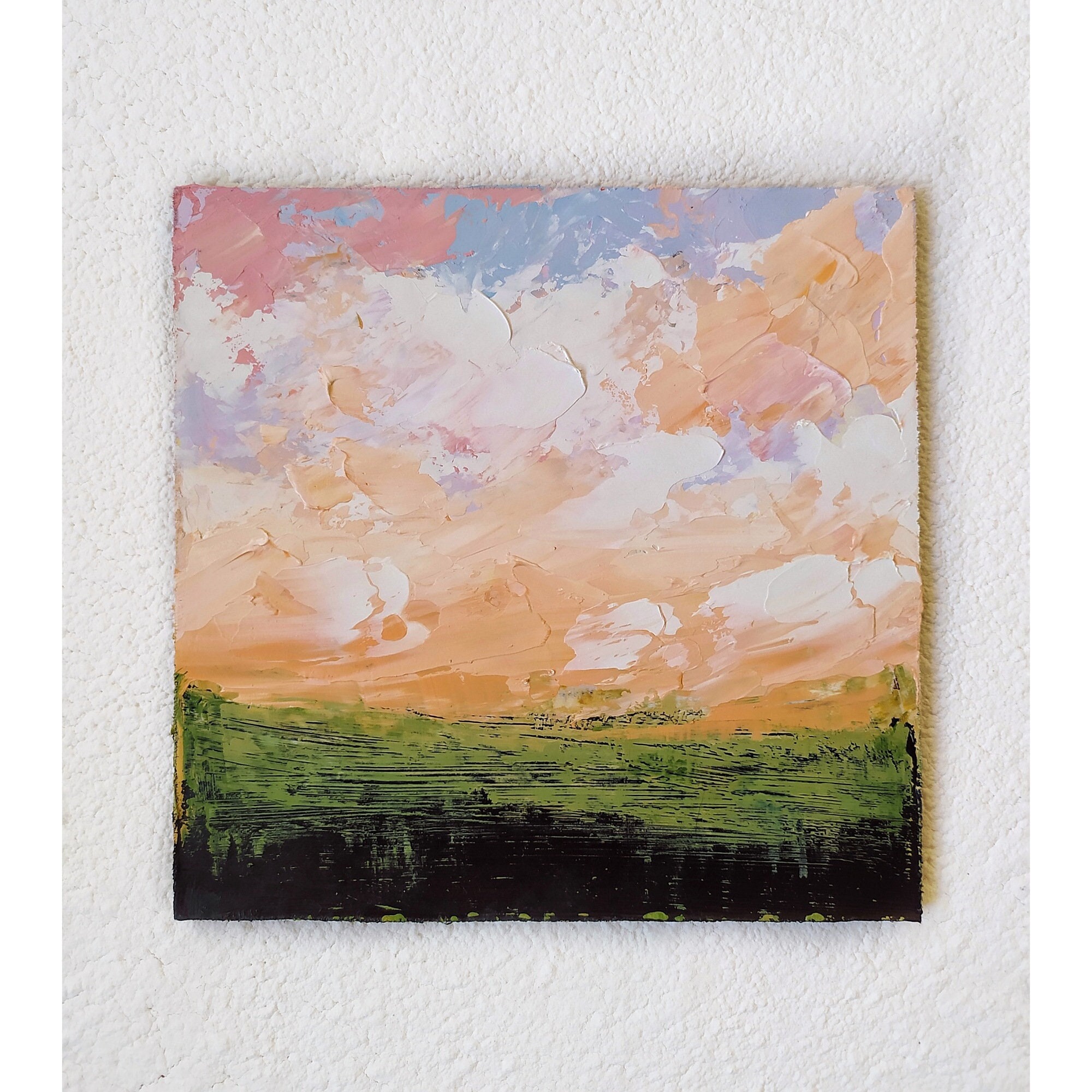 Pink Landscape Painting Sunset Picture Green Field Oil Paints Square Small Art Home Decor Wall Decor Original Painting 6x6 inch
