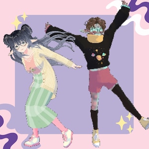 Peut inclure: Deux personnages de dessin animé, l'un avec de longs cheveux bleus portant des lunettes et une tenue rose clair et verte, et l'autre avec des cheveux bruns portant un pull noir avec un motif spatial et un short rose, sautent en l'air sur un fond violet.