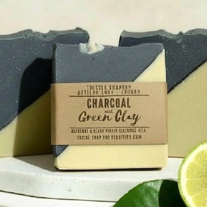 Charcoal and Green Clay Facial Soap | Handmade Vegan Face Bar for Oily Skin with Bergamot and Black Pepper Essential Oils