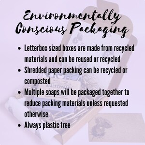 K&ouml;nnte beinhalten: Text Environmentally Conscious Packaging &uuml;ber einer braunen Pappschachtel mit einem St&uuml;ck Johannisbeerseife in geschreddertem Papier. Der Text beschreibt die Verwendung von recycelten, wiederverwendbaren, kompostierbaren und plastikfreien Materialien.