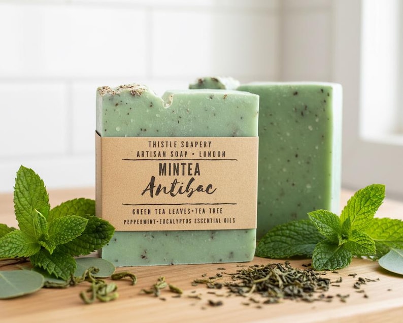 K&ouml;nnte beinhalten: Ein rechteckiges St&uuml;ck hellgr&uuml;ne Seife mit sichtbaren dunklen Sprenkeln, umwickelt mit einem beigen Papieretikett mit der Aufschrift Thistle Soapery Artisan Soap London Mintea Antibac Green Tea Leaves Tea Tree Peppermint-Eucalyptus Essential Oils.