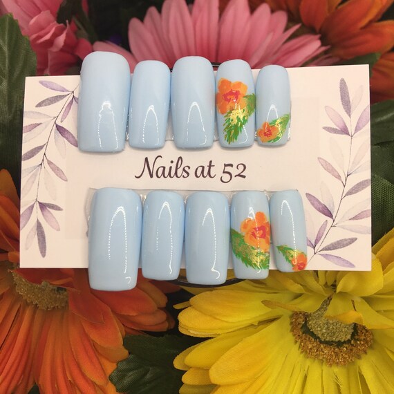 Squoval Pale Blue Press On Nails With Floral Accent Etsy Squoval Pale Blue Press On Nails With Floral Accent Etsy
