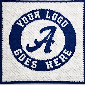 May include: A square crochet blanket featuring a white background with a dark blue circular border. Inside the circle, the text "YOUR LOGO GOES HERE" is written in white block letters, surrounding a large, stylised dark blue letter A.