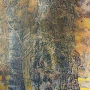 May include: A painting of two large trees with textured bark in a forest setting. The trees are painted in shades of brown, yellow, and green. The background is a blur of colors, suggesting a forest scene.