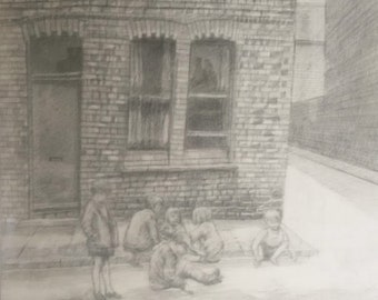 VICTORIAN TERRACED HOUSES/ Sic Children/Inner City/Deprivation/Original/Unique/Wall Art/Drawing/Draughtsmanship/Double Mounted