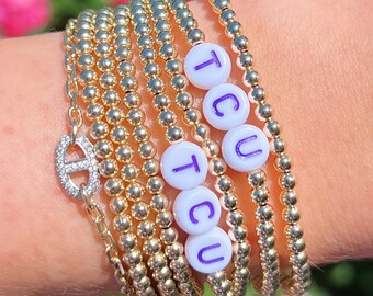 Custom College Letter Bracelet: 14k Gold Filled Beaded Gameday Jewelry