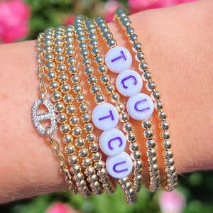 Custom Gold College Letter Stretch Bracelet - 14k Gold Filled Waterproof Beaded Bracelet